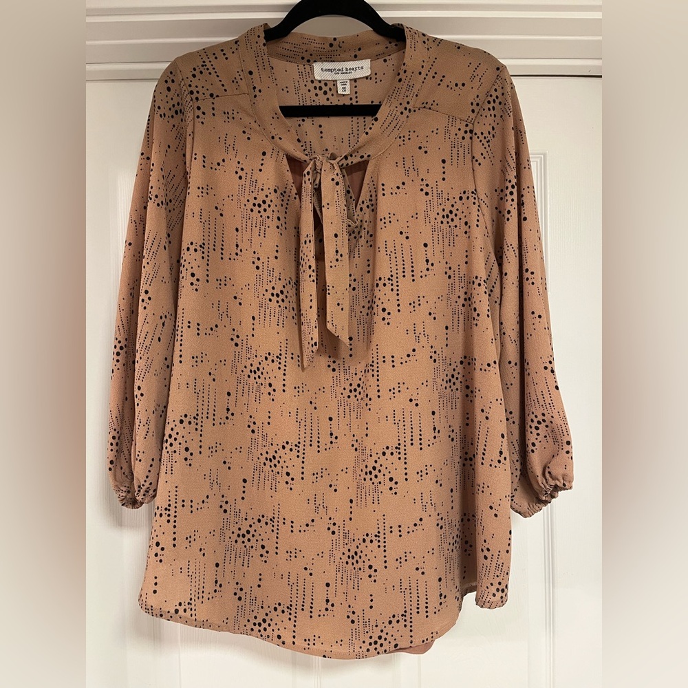 NWT Tempted Hearts Tan Blouse with Black Dot Print and Tie Neck